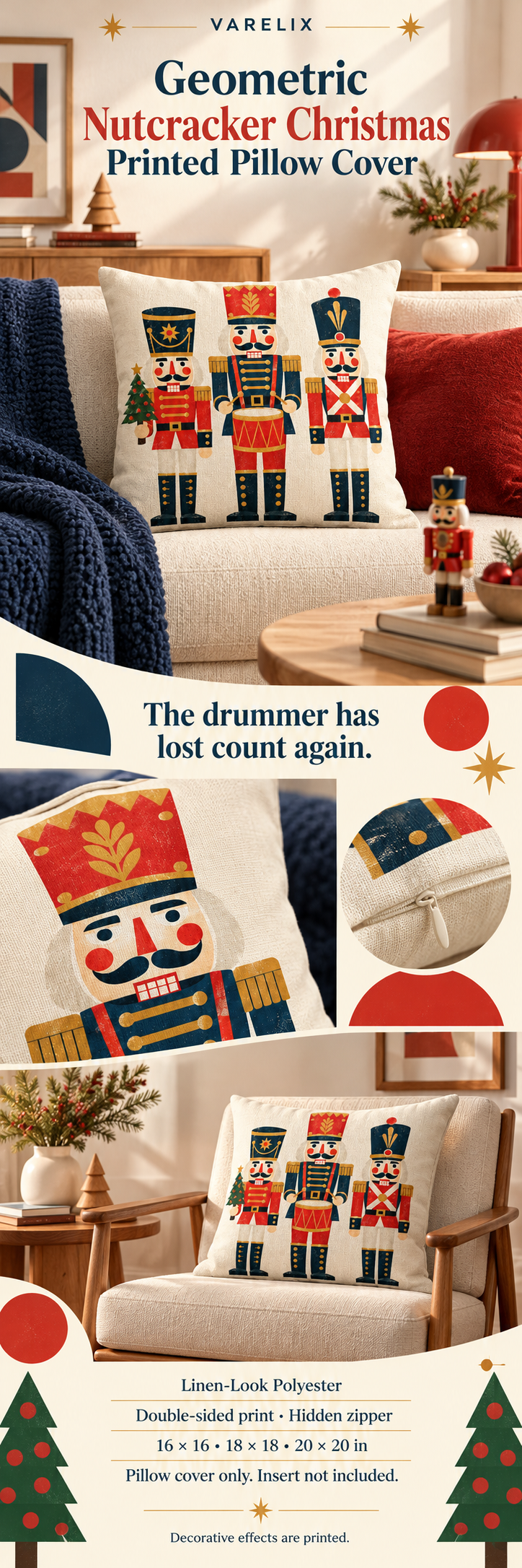 Geometric Nutcracker Christmas Printed Pillow Cover by VARELIX, A+ detail poster with verified material, sizes and included items.