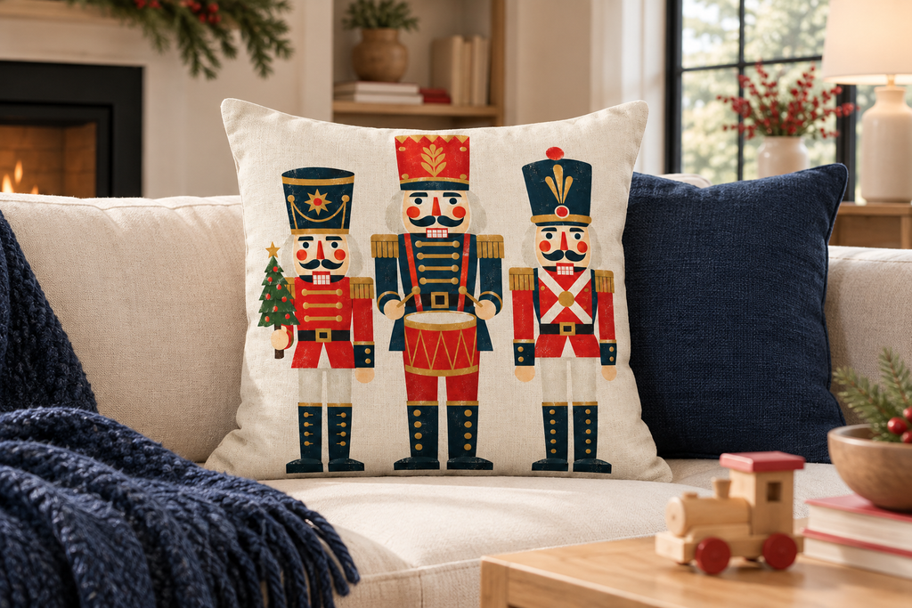 Geometric Nutcracker Christmas Printed Pillow Cover, lifestyle view 2: A prominent single pillow on a sofa beside one plain solid-colored cushion; medium interior composition, product fills at least 40 percent of frame.