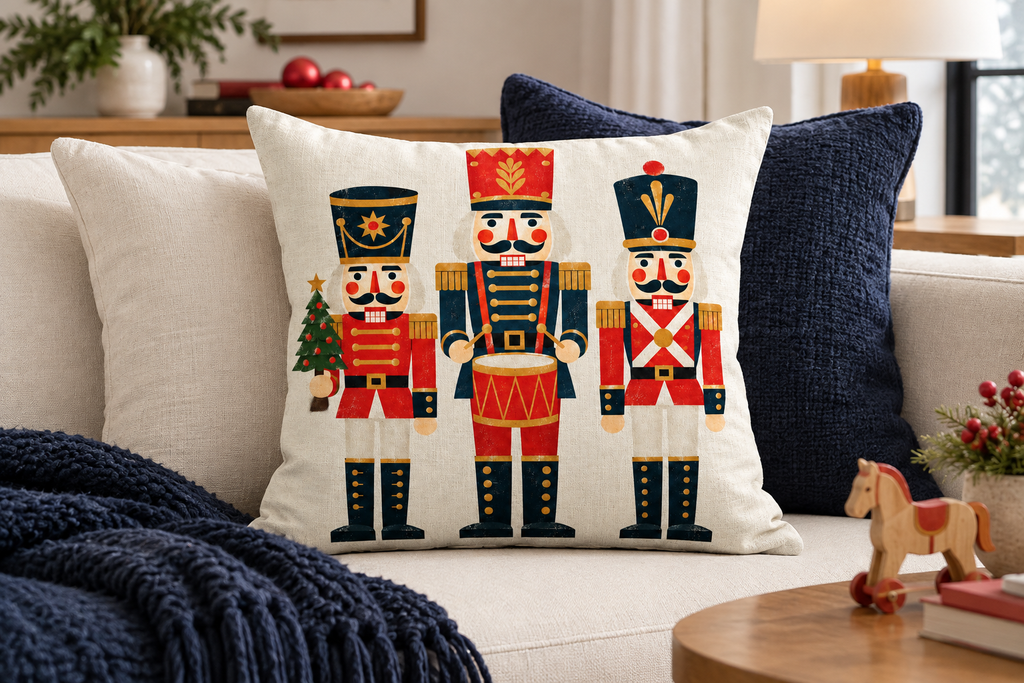 Geometric Nutcracker Christmas Printed Pillow Cover, lifestyle view 3: Centered in front of plain pillows on a neatly made guest bed; eye-level composition, believable 18-inch pillow scale.