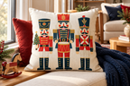 Geometric Nutcracker Christmas Printed Pillow Cover, lifestyle view 4: Close editorial view on an indoor window bench, full pillow and all edges visible, gentle side light reveals the real textile texture.