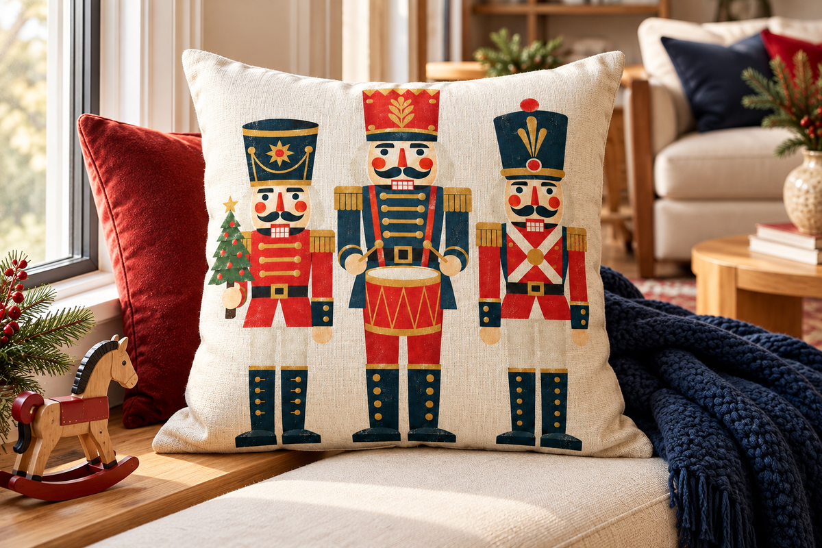Geometric Nutcracker Christmas Printed Pillow Cover, lifestyle view 4: Close editorial view on an indoor window bench, full pillow and all edges visible, gentle side light reveals the real textile texture.