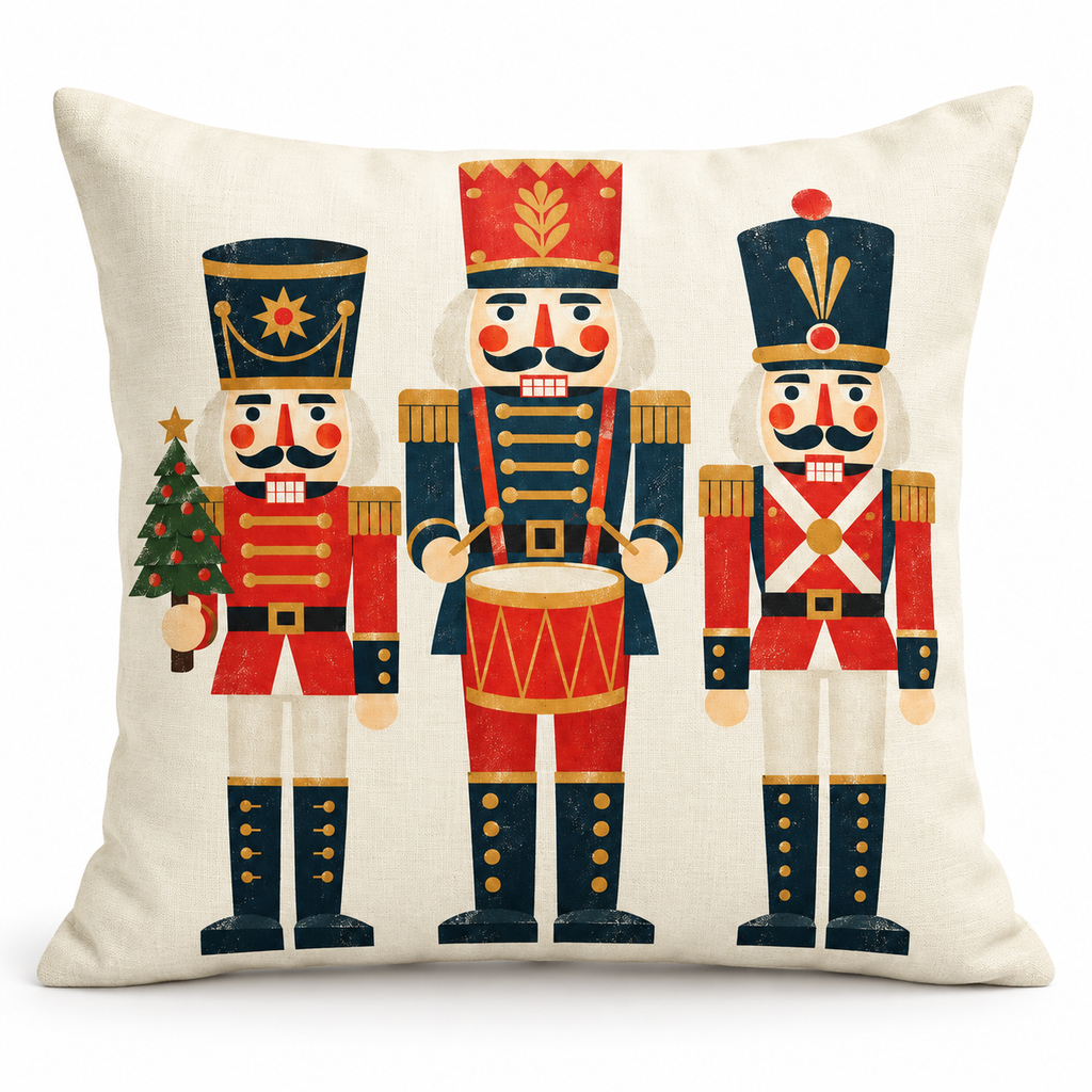 Geometric Nutcracker Christmas Printed Pillow Cover on a white background, showing the complete printed design.