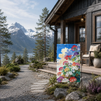 Geranium sky garden flag infographic showing size, fabric, and easy-care features