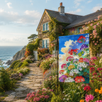 Geranium sky garden flag hanging beside a coastal cottage garden