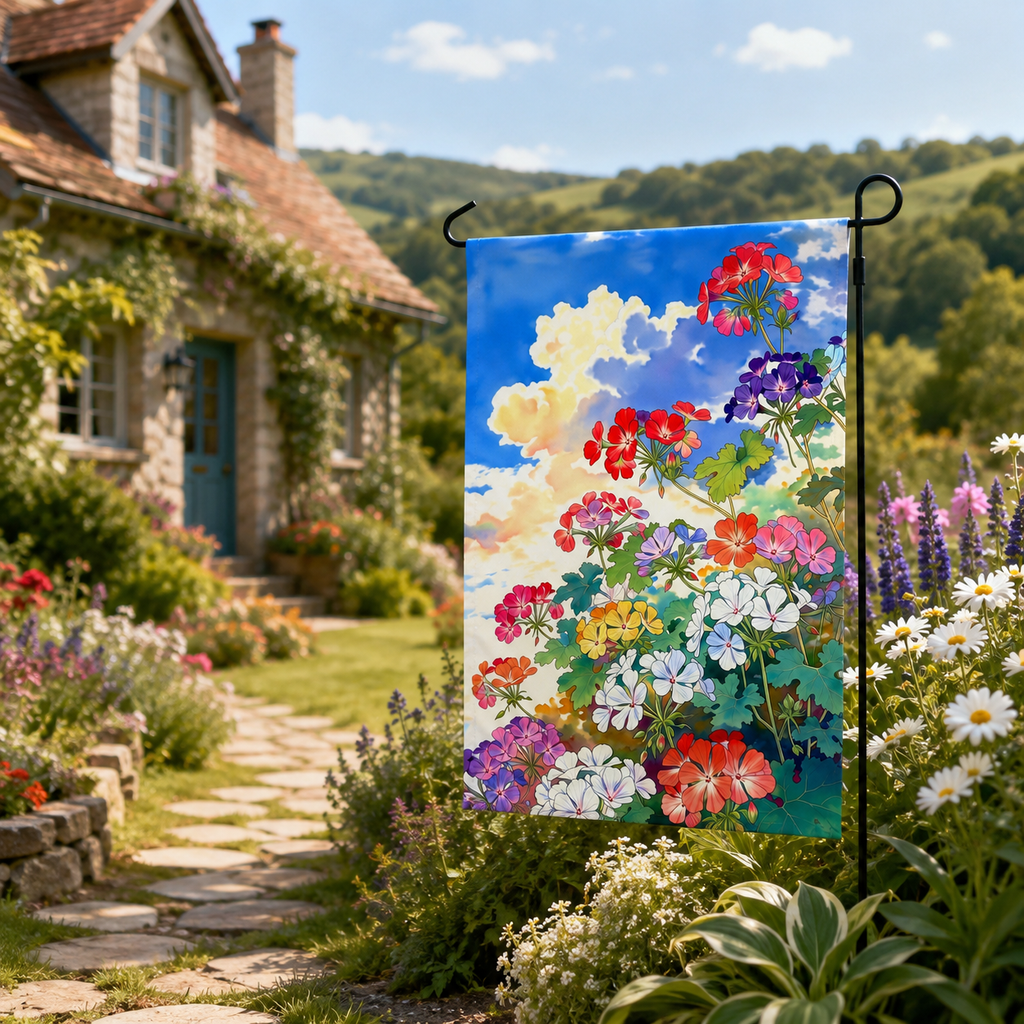 Geranium sky garden flag styled beside a sunny cottage garden path