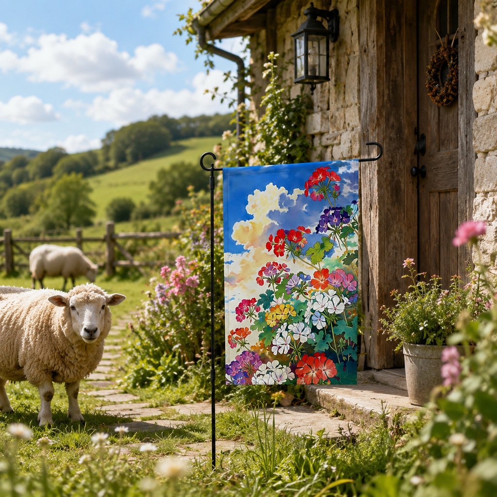 Geranium sky garden flag displayed near a stone farmhouse with sheep