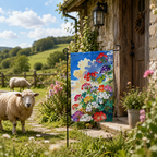 Geranium sky garden flag displayed near a stone farmhouse with sheep