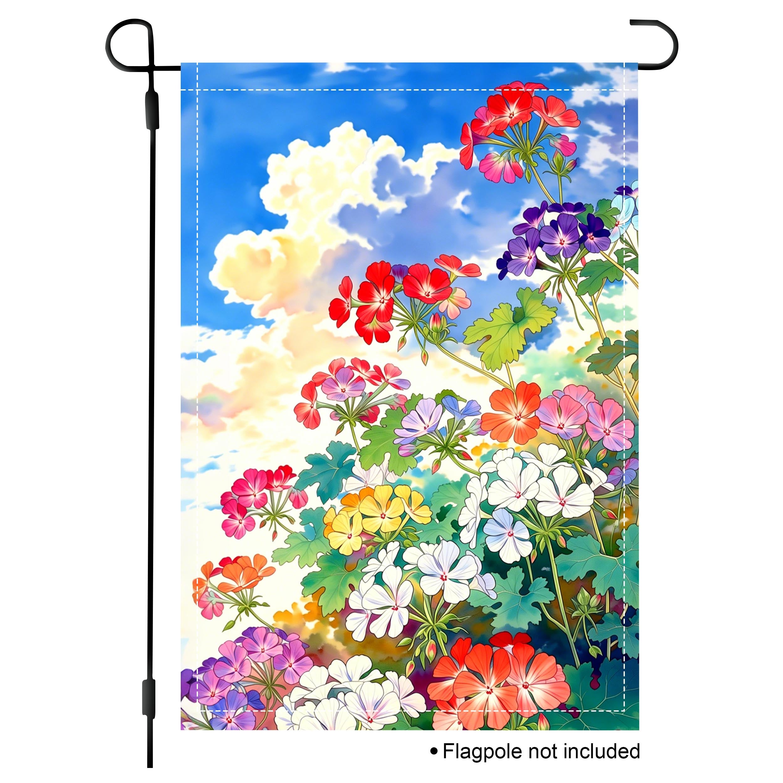 Geranium sky garden flag with colorful blooms and bright clouds