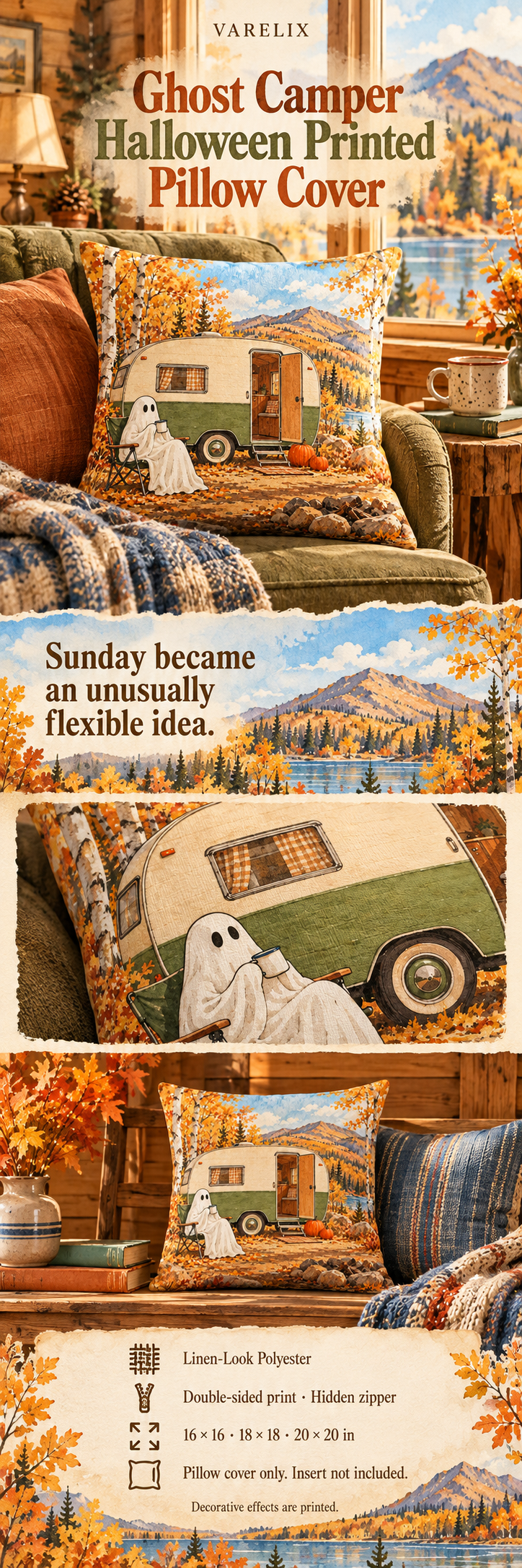 Ghost Camper Halloween Printed Pillow Cover by VARELIX, A+ detail poster with verified material, sizes and included items.