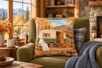 Ghost Camper Halloween Printed Pillow Cover, lifestyle view 1: Placed upright on an accent chair, nearly frontal with full print clearly visible; room-wide interior composition.