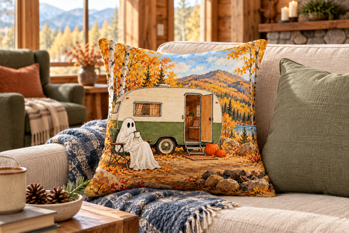 Ghost Camper Halloween Printed Pillow Cover, lifestyle view 2: A prominent single pillow on a sofa beside one plain solid-colored cushion; medium interior composition, product fills at least 40 percent of frame.