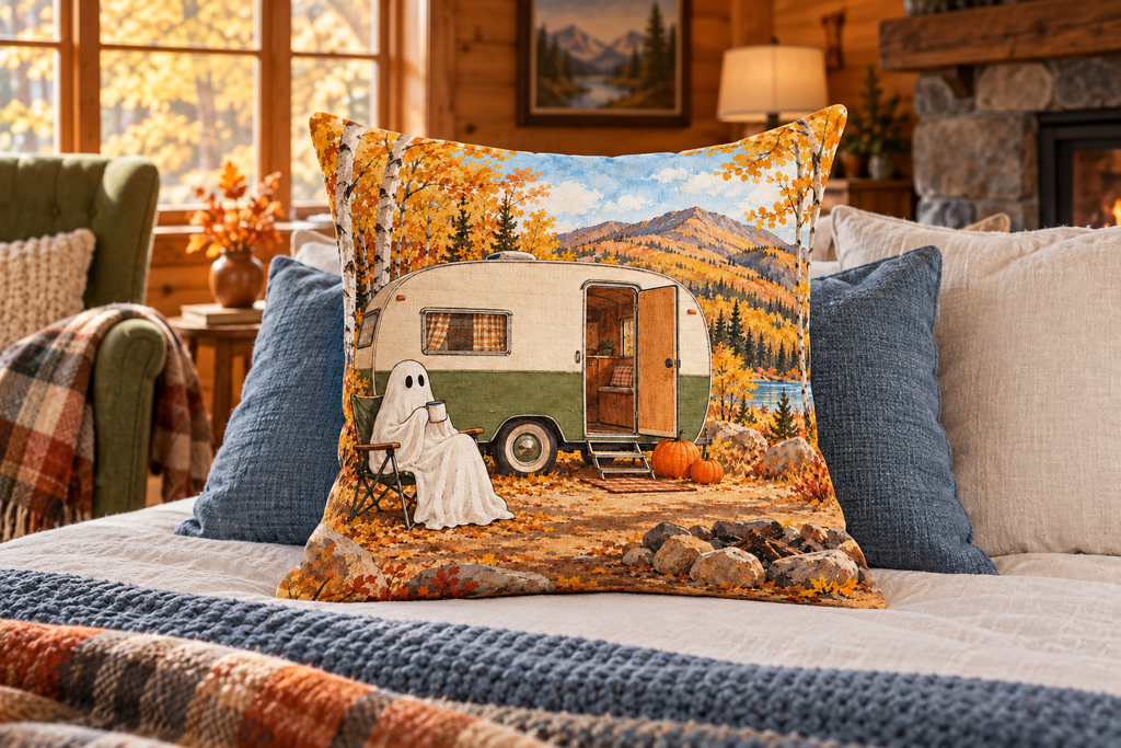 Ghost Camper Halloween Printed Pillow Cover, lifestyle view 3: Centered in front of plain pillows on a neatly made guest bed; eye-level composition, believable 18-inch pillow scale.