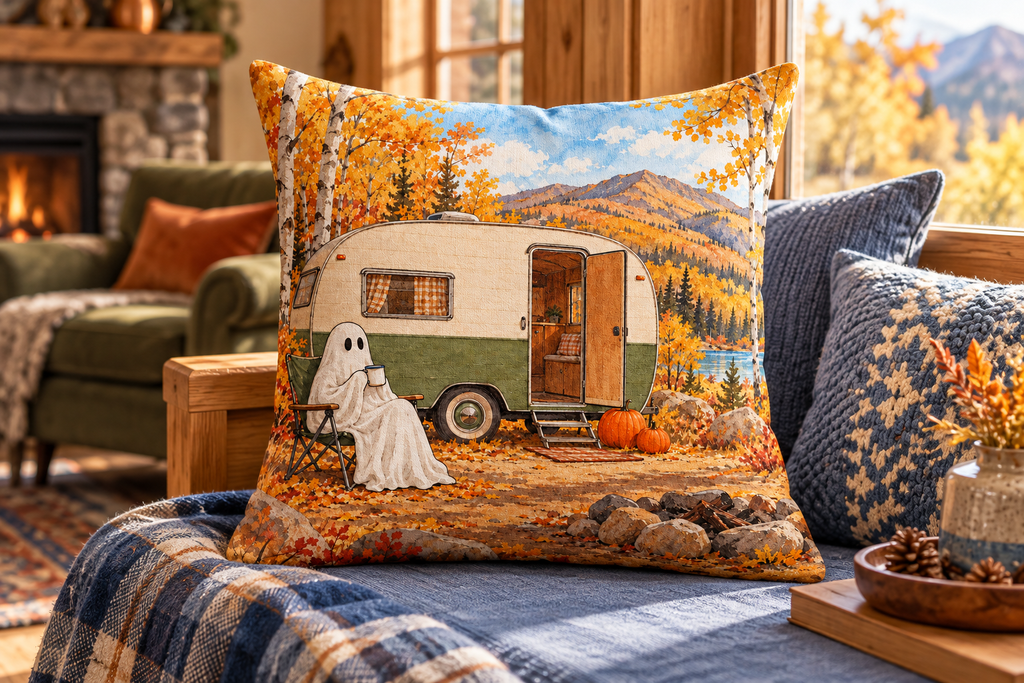 Ghost Camper Halloween Printed Pillow Cover, lifestyle view 4: Close editorial view on an indoor window bench, full pillow and all edges visible, gentle side light reveals the real textile texture.