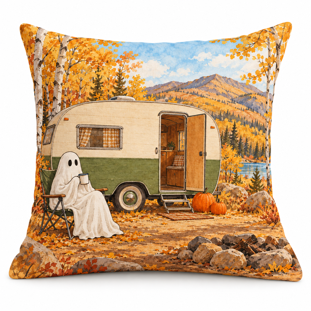 Ghost Camper Halloween Printed Pillow Cover on a white background, showing the complete printed design.