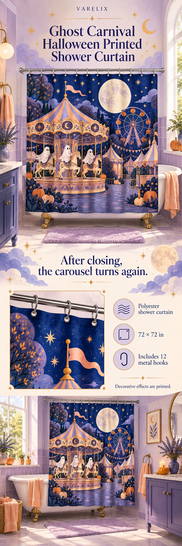 Ghost Carnival Halloween Printed Shower Curtain by VARELIX, A+ detail poster with verified material, sizes and included items.