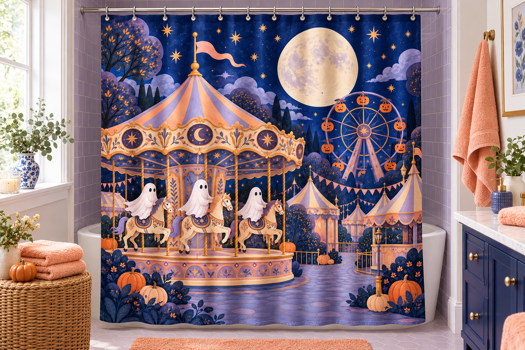 Ghost Carnival Halloween Printed Shower Curtain, lifestyle view 1: Curtain fully drawn across a standard tub, nearly frontal view, entire square print readable, exactly 12 metal hooks on straight rod, no floor-length distortion.