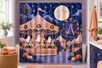 Ghost Carnival Halloween Printed Shower Curtain, lifestyle view 1: Curtain fully drawn across a standard tub, nearly frontal view, entire square print readable, exactly 12 metal hooks on straight rod, no floor-length distortion.