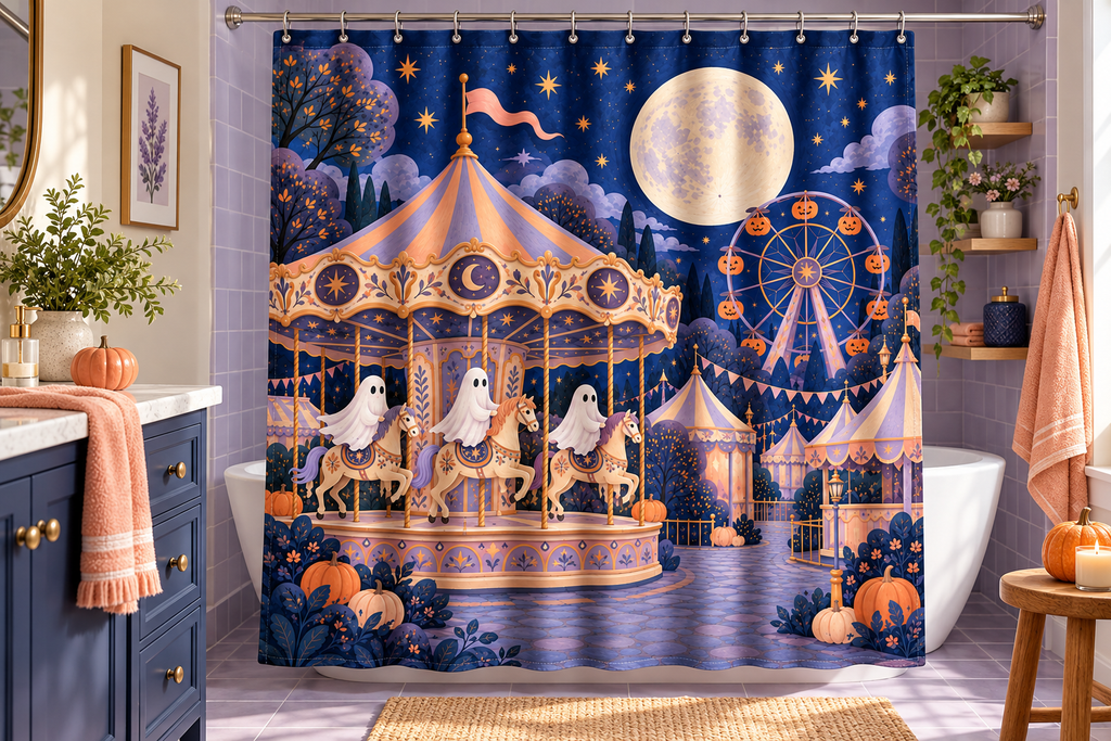 Ghost Carnival Halloween Printed Shower Curtain, lifestyle view 2: Three-quarter view of a standard tub and square curtain, entire product visible with soft vertical folds, no window or fixture passing through cloth.