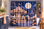 Ghost Carnival Halloween Printed Shower Curtain, lifestyle view 2: Three-quarter view of a standard tub and square curtain, entire product visible with soft vertical folds, no window or fixture passing through cloth.