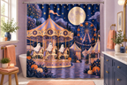 Ghost Carnival Halloween Printed Shower Curtain, lifestyle view 3: A bright bathroom with square curtain as the dominant focal wall, medium-wide editorial view, all 12 hooks visible, camera at natural eye level.
