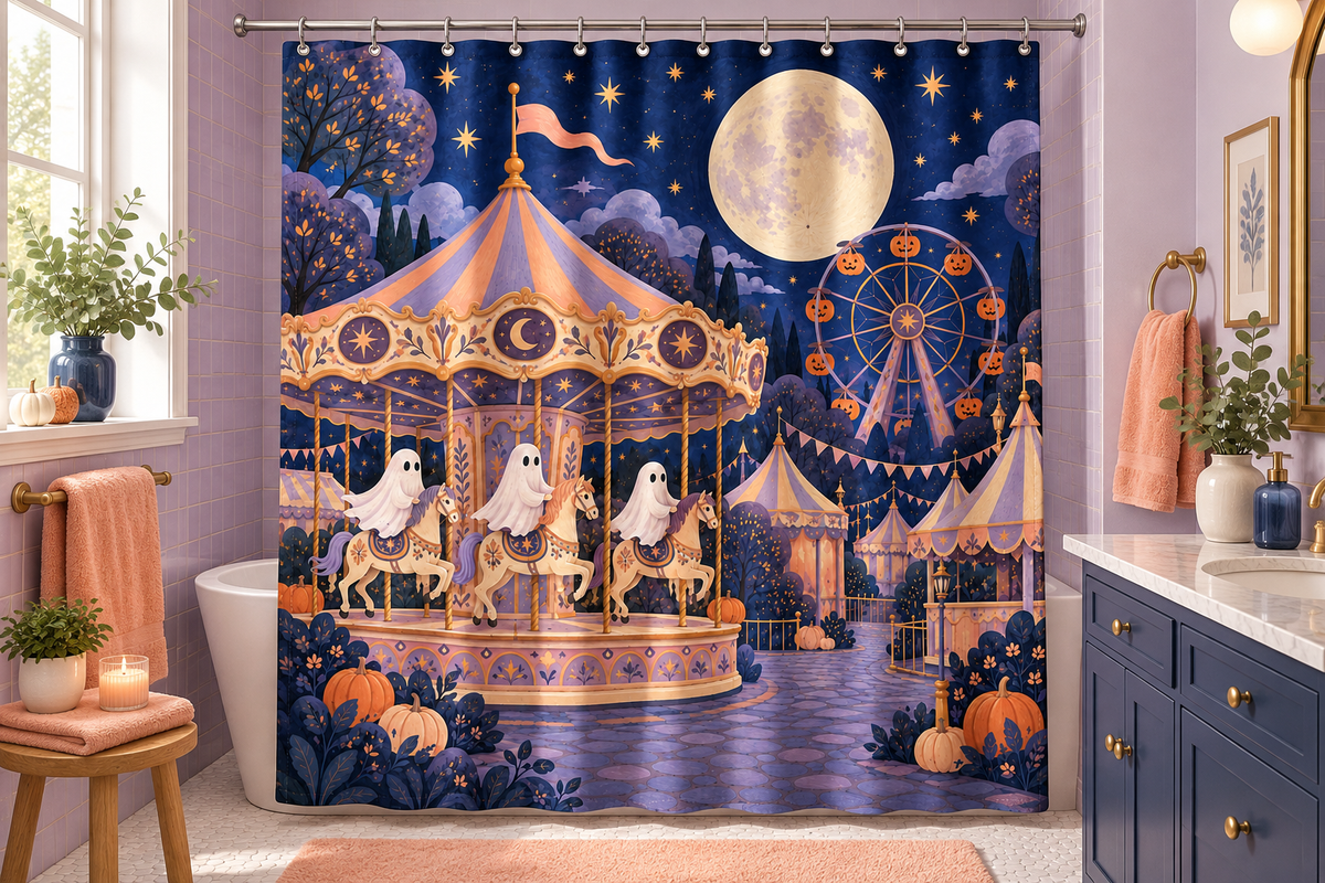 Ghost Carnival Halloween Printed Shower Curtain, lifestyle view 3: A bright bathroom with square curtain as the dominant focal wall, medium-wide editorial view, all 12 hooks visible, camera at natural eye level.