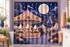 Ghost Carnival Halloween Printed Shower Curtain, lifestyle view 4: Closer front-angle bathroom view focused on the full square printed curtain, restrained surroundings, realistic fabric folds without hiding the central design.