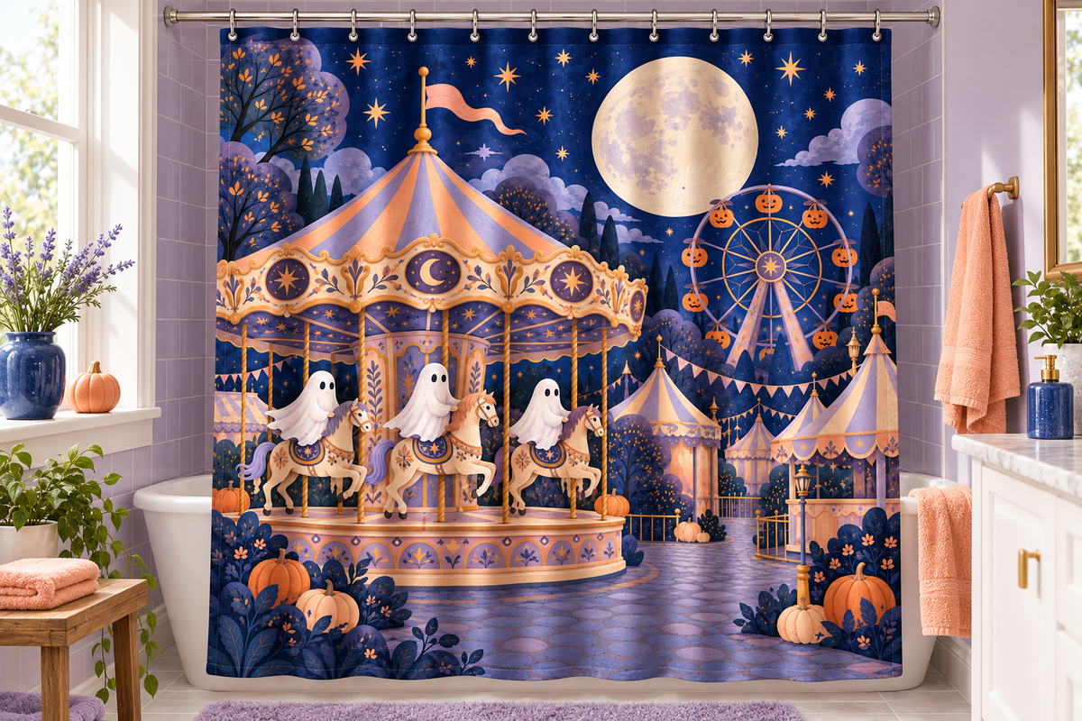 Ghost Carnival Halloween Printed Shower Curtain, lifestyle view 4: Closer front-angle bathroom view focused on the full square printed curtain, restrained surroundings, realistic fabric folds without hiding the central design.