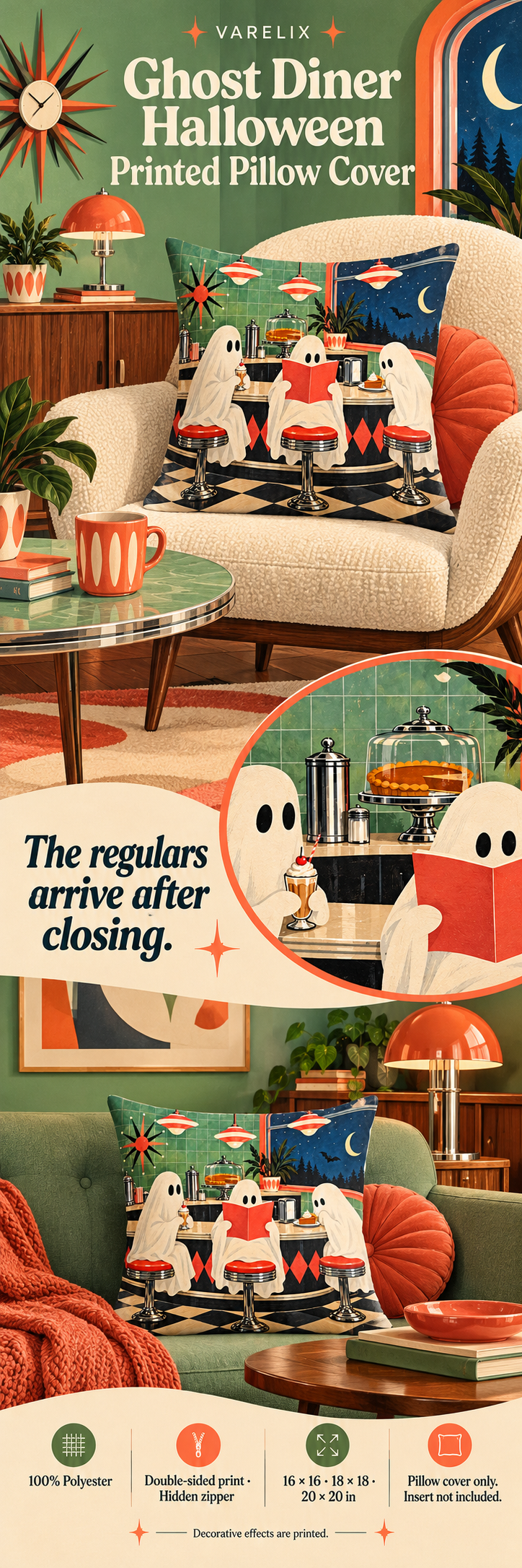 Ghost Diner Halloween Printed Pillow Cover by VARELIX, A+ detail poster with verified material, sizes and included items.