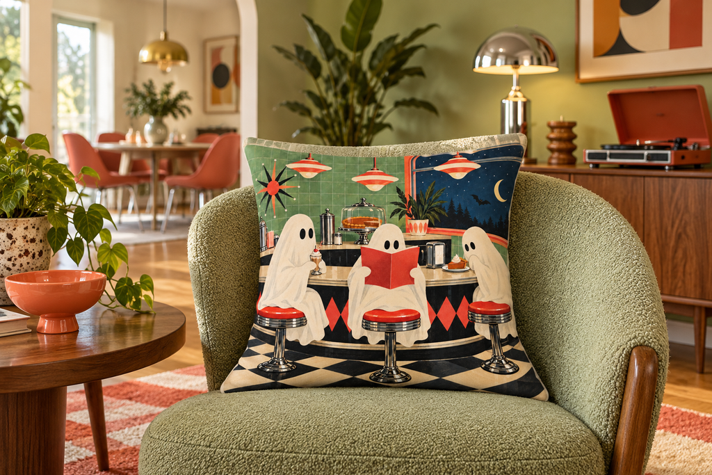 Ghost Diner Halloween Printed Pillow Cover, lifestyle view 1: Placed upright on an accent chair, nearly frontal with full print clearly visible; room-wide interior composition.