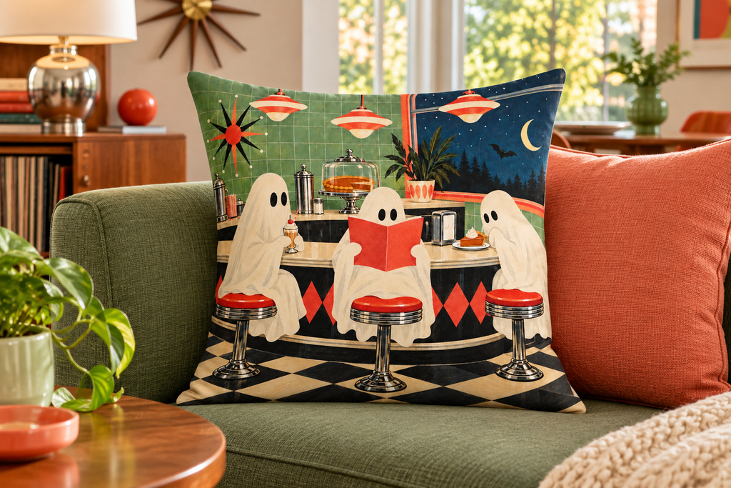 Ghost Diner Halloween Printed Pillow Cover, lifestyle view 2: A prominent single pillow on a sofa beside one plain solid-colored cushion; medium interior composition, product fills at least 40 percent of frame.