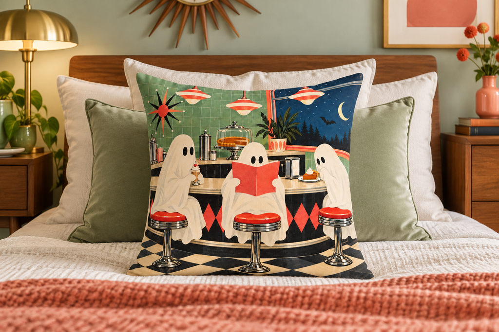 Ghost Diner Halloween Printed Pillow Cover, lifestyle view 3: Centered in front of plain pillows on a neatly made guest bed; eye-level composition, believable 18-inch pillow scale.