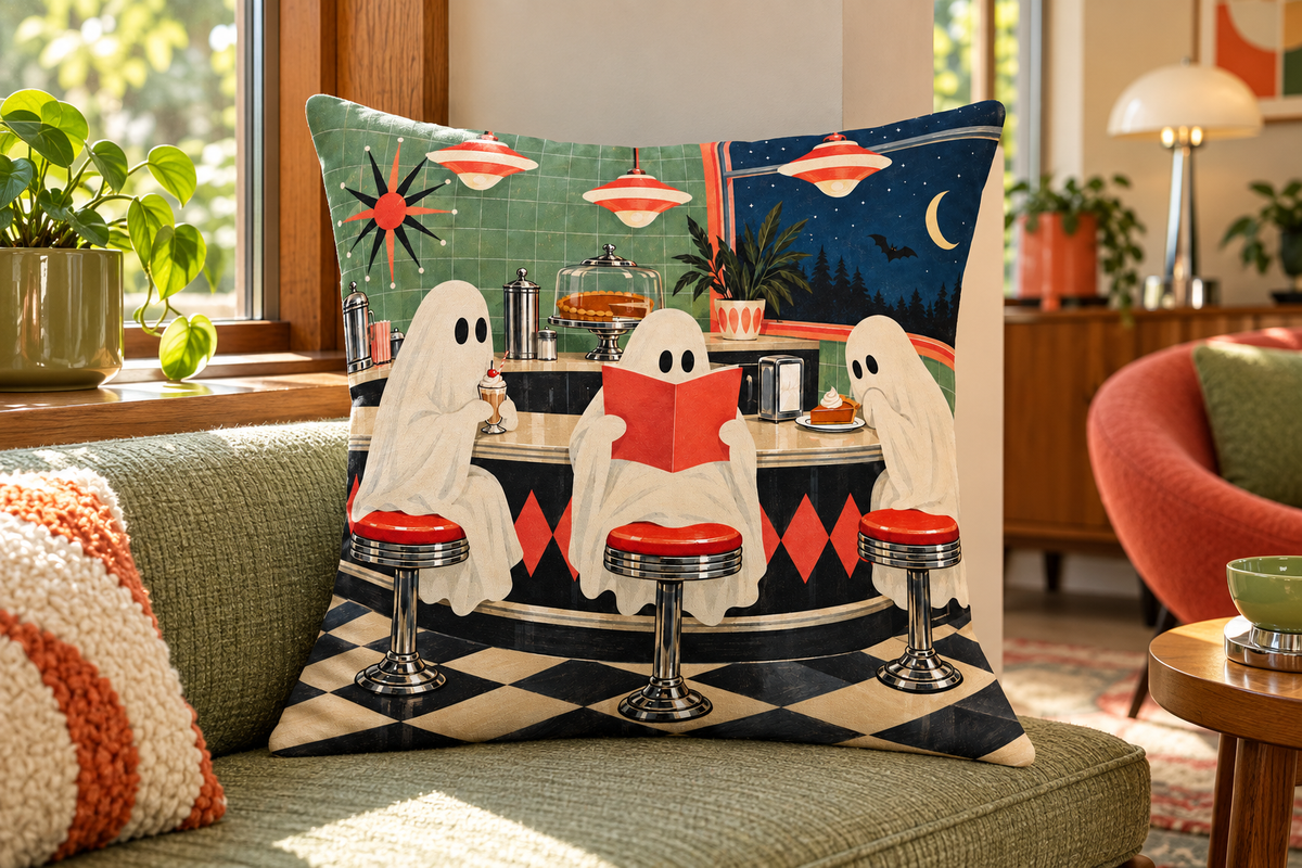 Ghost Diner Halloween Printed Pillow Cover, lifestyle view 4: Close editorial view on an indoor window bench, full pillow and all edges visible, gentle side light reveals the real textile texture.