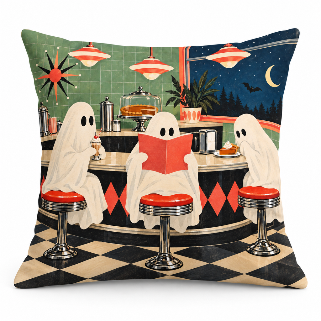 Ghost Diner Halloween Printed Pillow Cover on a white background, showing the complete printed design.