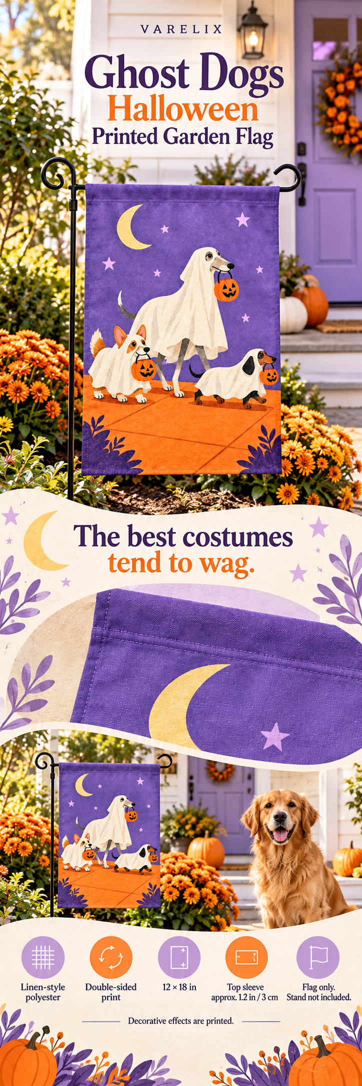 Ghost Dogs Halloween Printed Garden Flag by VARELIX, A+ detail poster with verified material, sizes and included items.