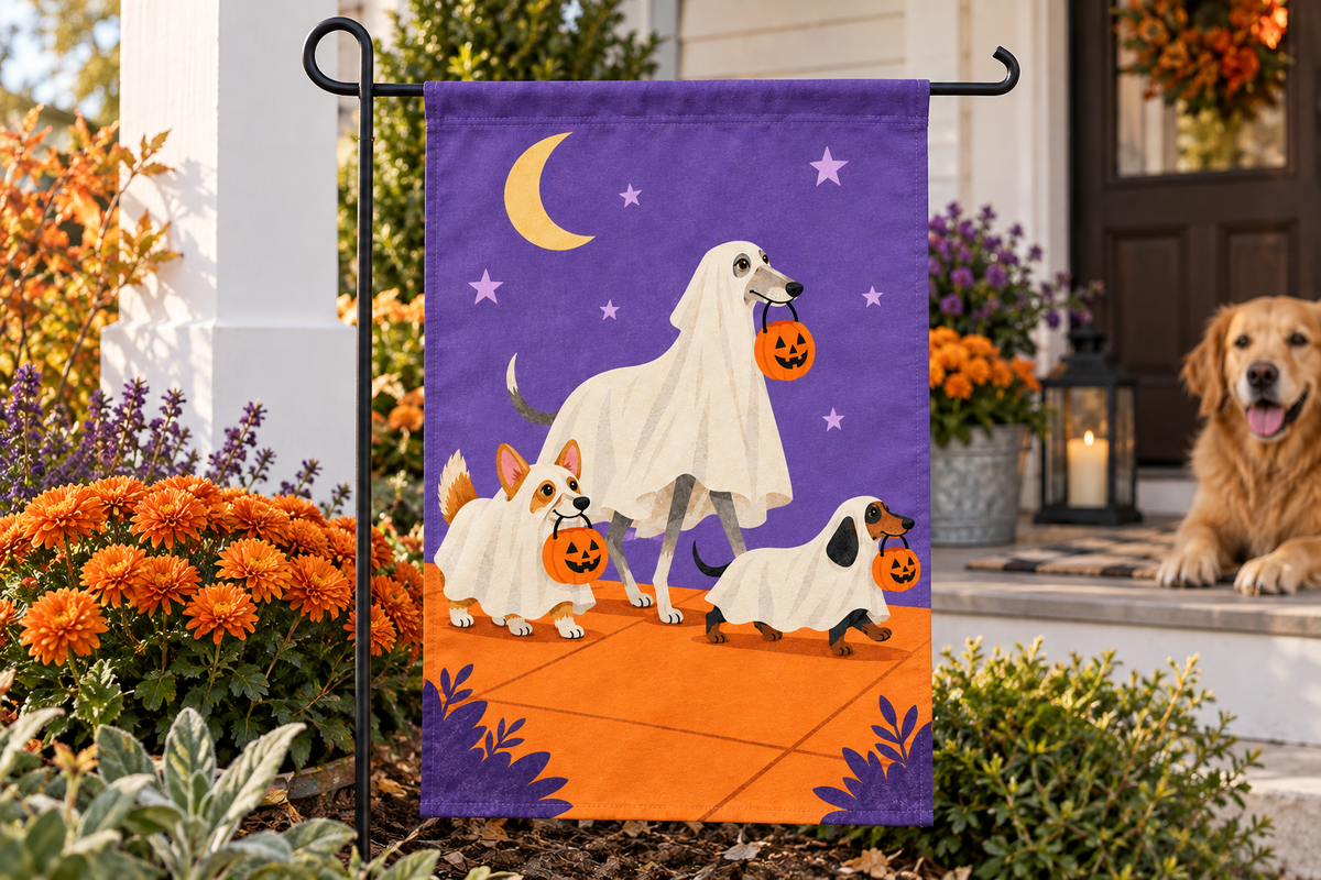 Ghost Dogs Halloween Printed Garden Flag, lifestyle view 3: Closer view of the flag on its separate black L-shaped stake near a porch post, the real cloth top sleeve threading over the horizontal bar, print clearly readable.