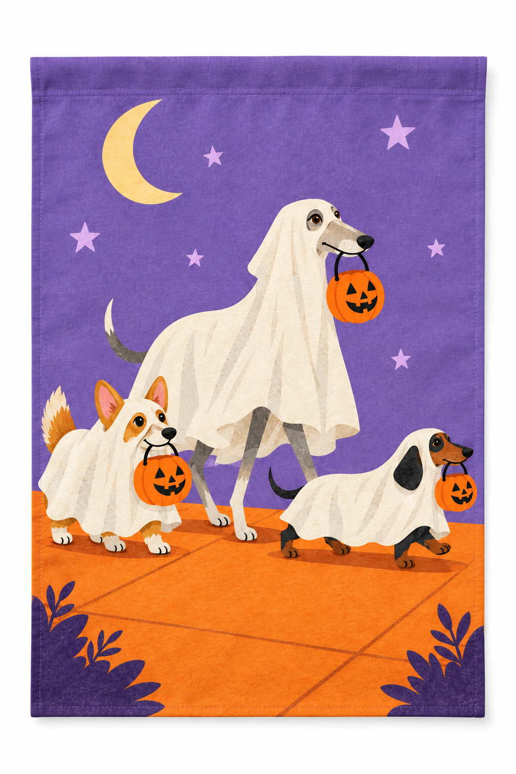 Ghost Dogs Halloween Printed Garden Flag on a white background, showing the complete printed design.