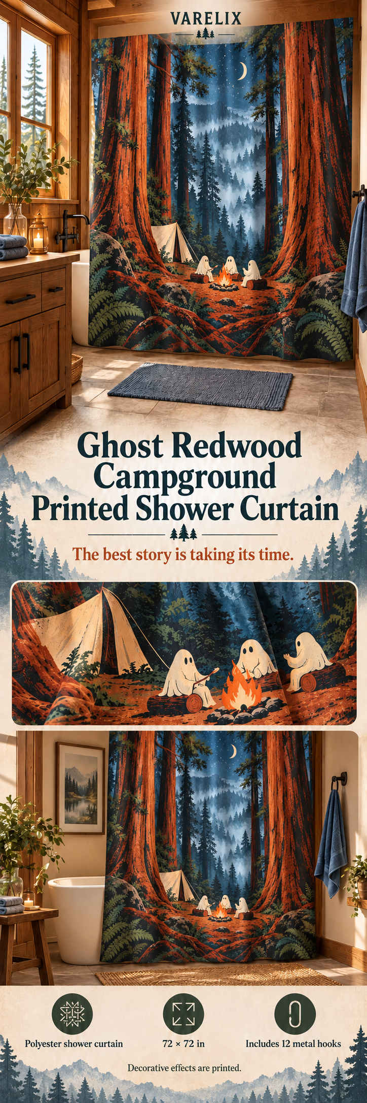 Ghost Redwood Campground Printed Shower Curtain by VARELIX, A+ detail poster with verified material, sizes and included items.