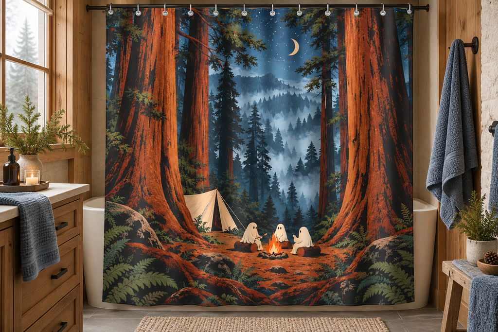 Ghost Redwood Campground Printed Shower Curtain, lifestyle view 1: Curtain fully drawn across a standard tub, nearly frontal view, entire square print readable, top rail and hooks cropped completely OUT OF FRAME; square print readable; no floor-length distortion.