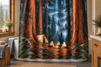 Ghost Redwood Campground Printed Shower Curtain, lifestyle view 2: Three-quarter view of a standard tub and square curtain, upper hardware cropped OUT OF FRAME, full printed motif visible with soft vertical folds, no window or fixture passing through cloth.