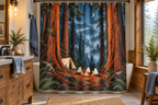 Ghost Redwood Campground Printed Shower Curtain, lifestyle view 3: A bright bathroom with square curtain as the dominant focal wall, medium-wide editorial view, top hardware deliberately cropped OUT OF FRAME, camera at natural eye level.