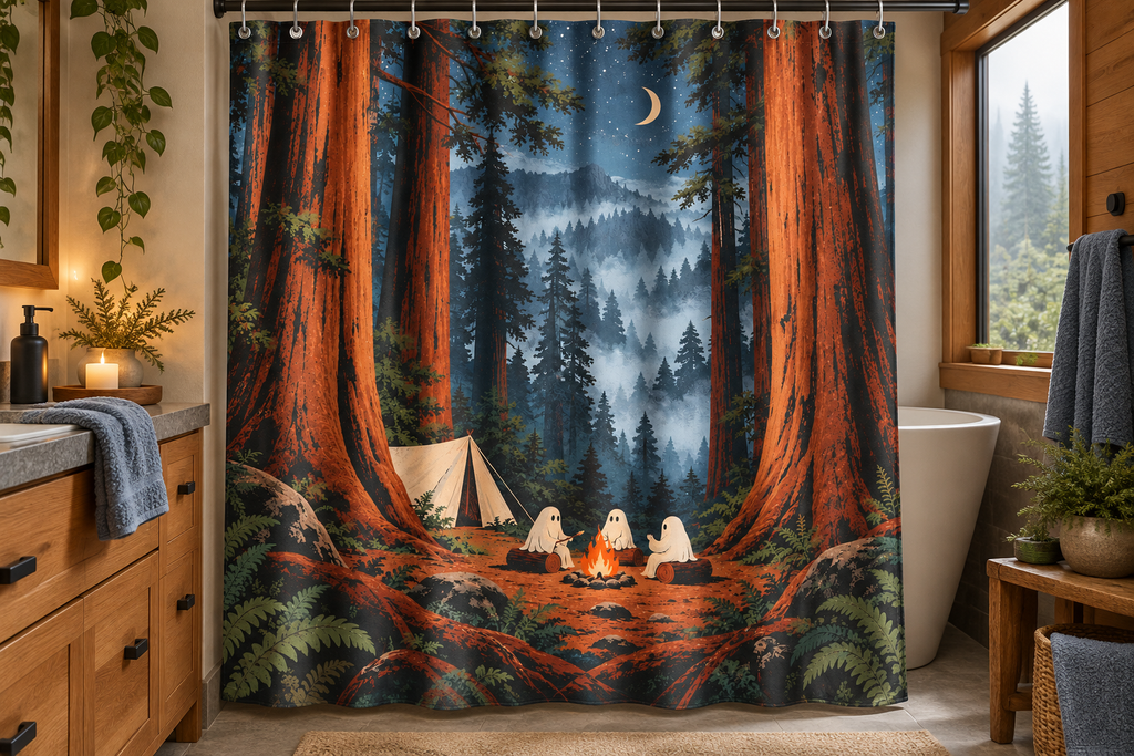 Ghost Redwood Campground Printed Shower Curtain, lifestyle view 4: Closer front-angle bathroom view focused on the full square printed curtain, restrained surroundings, realistic fabric folds without hiding the central design; top hardware cropped OUT OF FRAME.