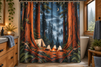 Ghost Redwood Campground Printed Shower Curtain, lifestyle view 4: Closer front-angle bathroom view focused on the full square printed curtain, restrained surroundings, realistic fabric folds without hiding the central design; top hardware cropped OUT OF FRAME.
