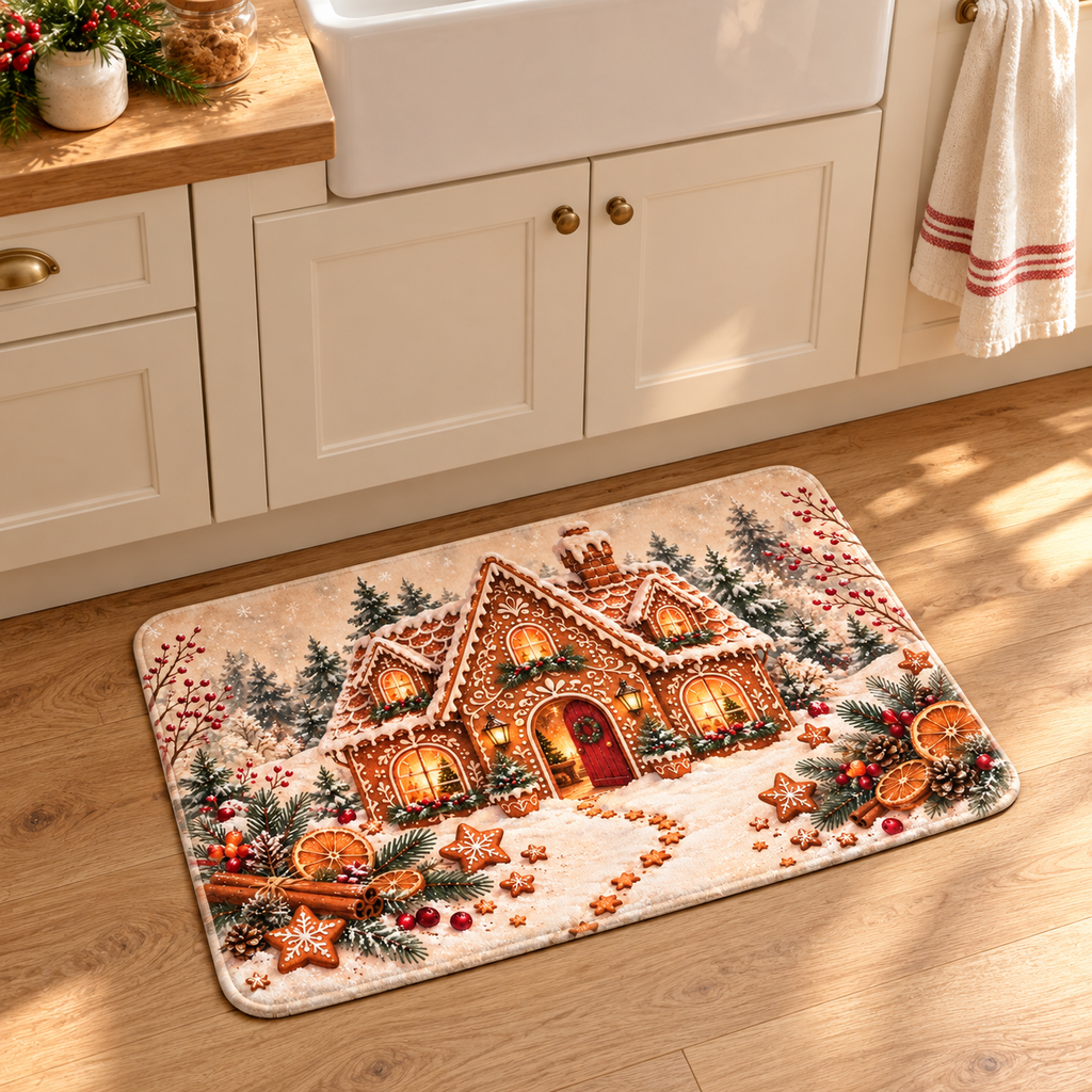 Gingerbread Christmas floor mat in a warm cream-and-oak cottage kitchen.