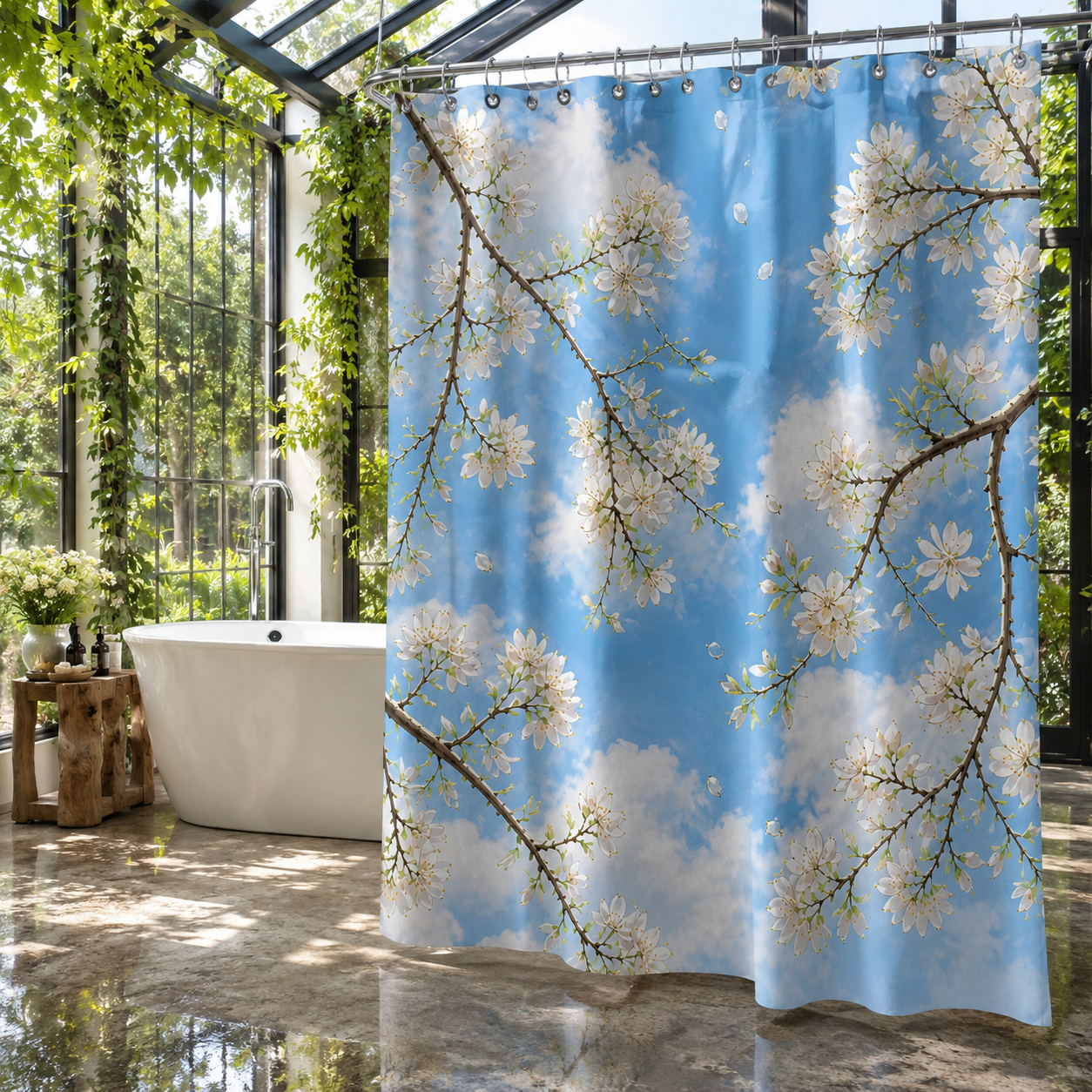 Luxury bathroom designed like a glass greenhouse filled with climbing green vines, featuring a bright blue sky and white blossom shower curtain.