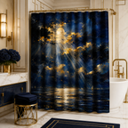 A golden rays moonlit sea shower curtain featured in a modern glam bathroom, styled with brass frame accents, navy blue vanity, gold stool, and dark blue hydrangea bouquet.