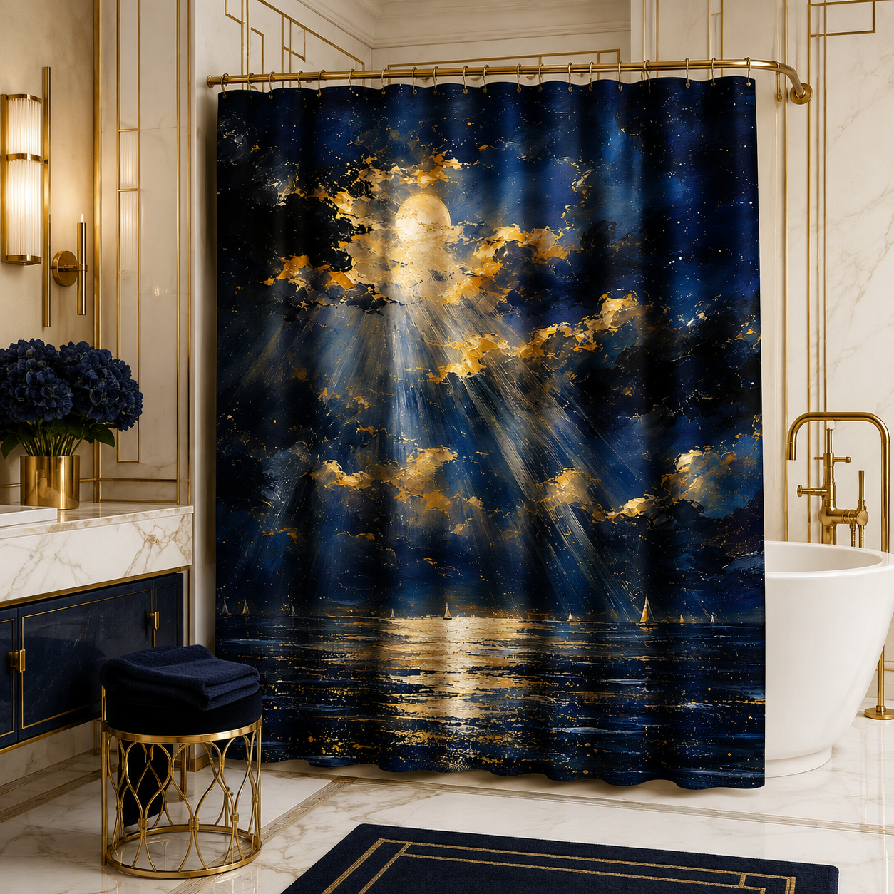 A golden rays moonlit sea shower curtain featured in a modern glam bathroom, styled with brass frame accents, navy blue vanity, gold stool, and dark blue hydrangea bouquet.