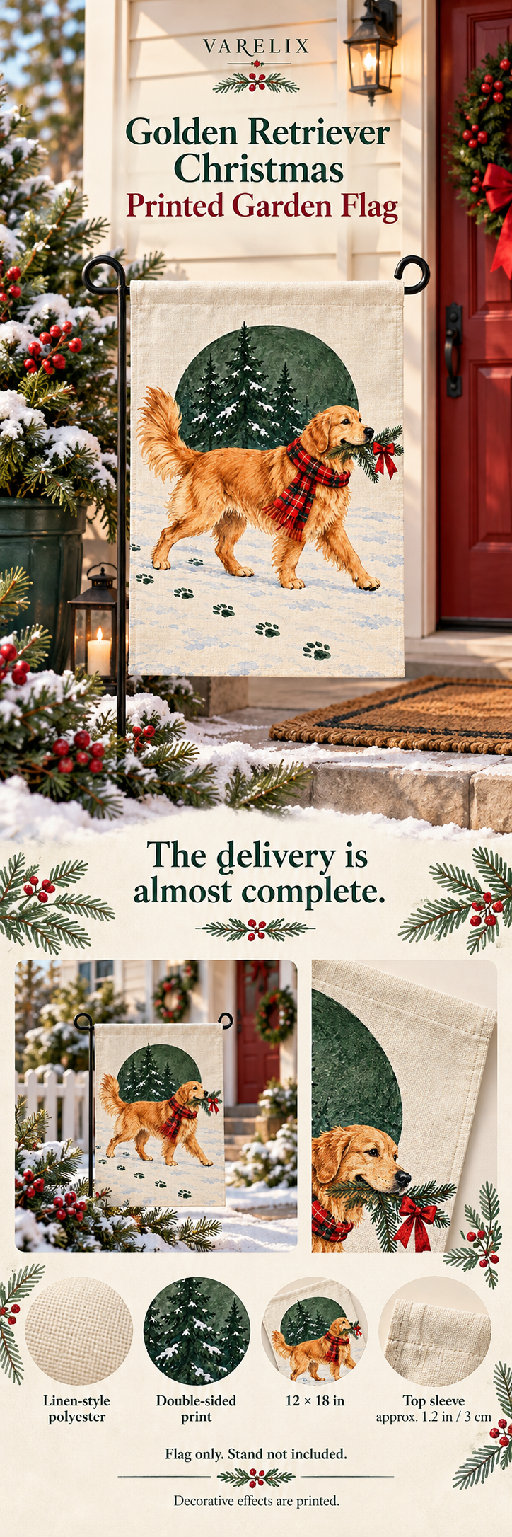 Golden Retriever Christmas Printed Garden Flag by VARELIX, A+ detail poster with verified material, sizes and included items.