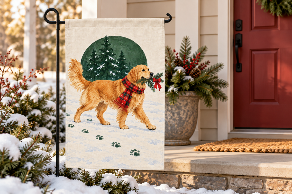 Golden Retriever Christmas Printed Garden Flag, lifestyle view 1: One flag on a simple separate black L-shaped garden stake beside a front porch planter, all of the flag readable, late-afternoon natural light.