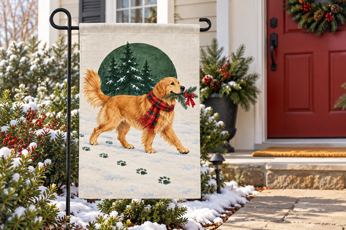 Golden Retriever Christmas Printed Garden Flag, lifestyle view 2: One flag on a separate black garden stake along a short garden path, lower garden view with planting behind; no people, full rectangle visible.