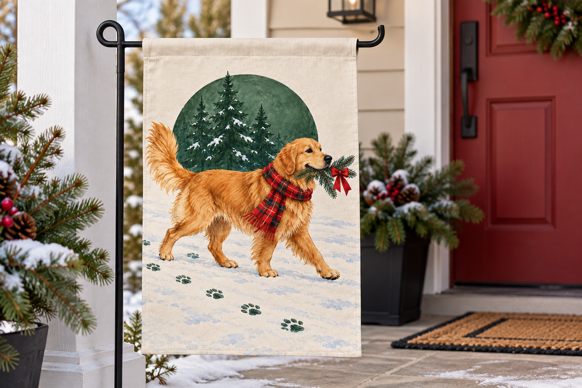 Golden Retriever Christmas Printed Garden Flag, lifestyle view 3: Closer view of the flag on its separate black L-shaped stake near a porch post, the real cloth top sleeve threading over the horizontal bar, print clearly readable.